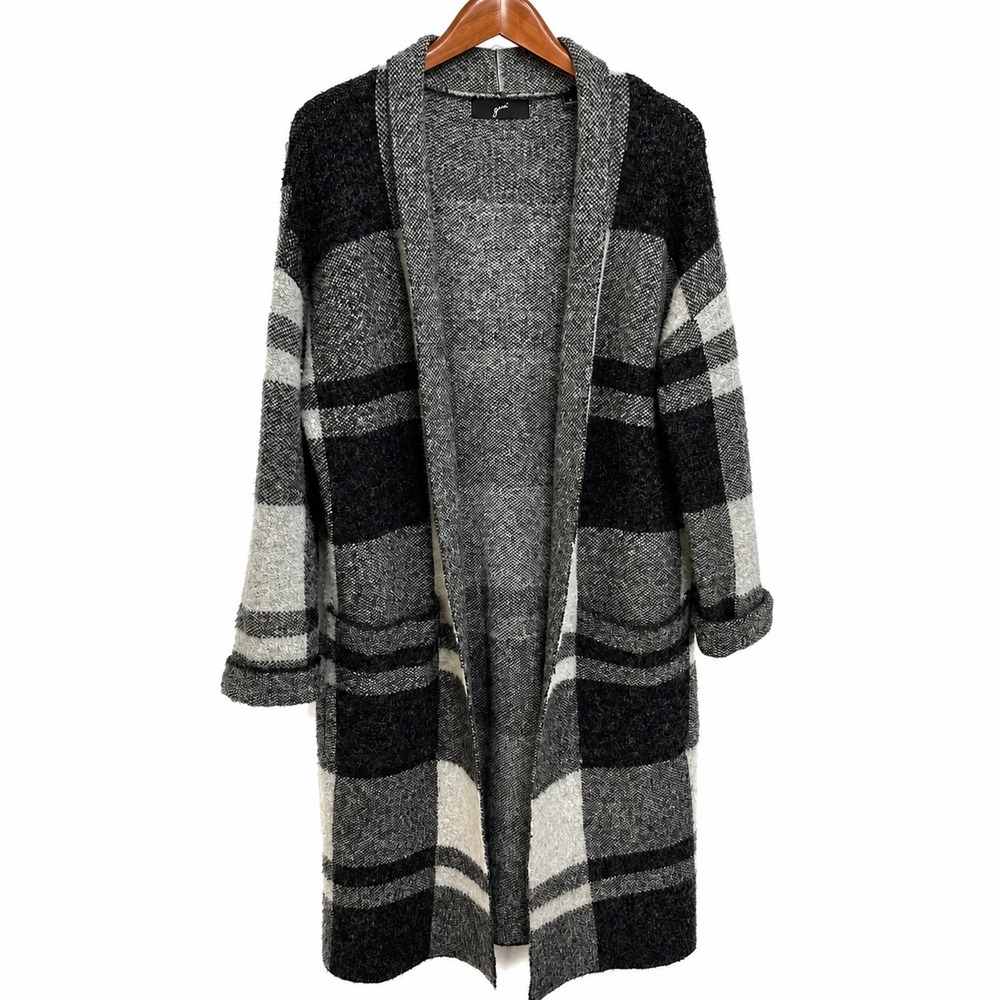 GNW Women Black Grey Buffalo Plaid Open Front Longline Duster Cardigan Sweater M